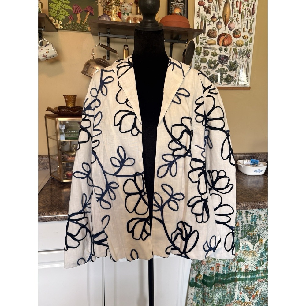 NWT Coldwater Creek W18 Linen Cotton Jacket Floral Soutache Open Blazer Coastal